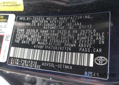 2013 Toyota Camry Le z USA, uszkodzony, nr VIN 4T4BF1FK7DR282126